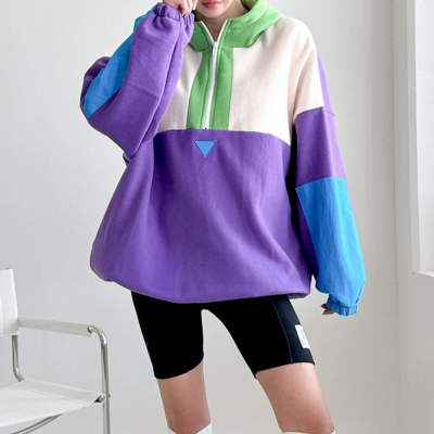 [패션플러스][옷자락]여자 후디 하프집업 큰사이즈 양기모 블록코어룩 티셔츠(41607_WT34303)