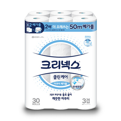 [패션플러스][크리넥스]크리넥스 3겹 클린케어 아쿠아 메가롤 50m 30롤(55397_11041416_0254702_1PACK)