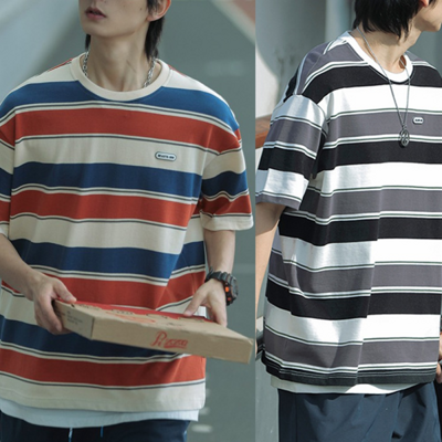 [패션플러스][아이에스이랩]오버핏 티셔츠 스트라이프  배색 단가라티 I2TS052(55527_660FC0BB113B8)