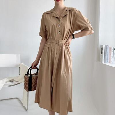 [패션플러스][다잇템]여성 스트랩 왕단추 카라넥 중간 반소매 원피스_4(55650_OP21499_STK_4)