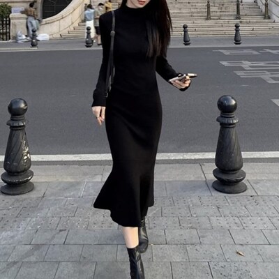 [패션플러스][다잇템]여자 인어공주 미니멀리즘 롱 슬림 검정 원피스(55650_OP22419_A2)