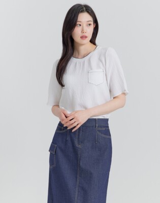 [패션플러스][지센]기간할인여성 리플 소재 포켓 장식 블라우스형 반팔 티셔츠  LFTSP402 색상2(578894_LFTSP402)