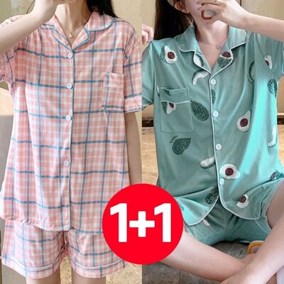 [패션플러스][셀럽하우스]여성 VKRM8918 여름 반팔 바지 잠옷 세트 2개 애프리콧아보카도(583093_n625_25_1_WFI5IFQ)