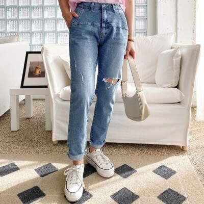 [패션플러스][신상오픈런]|KHP74AF|도아먼 여성 컷팅 뒷밴드처리 데일리 스프링 청바지 워시드_18157035_597559(597559_18157035_597559)