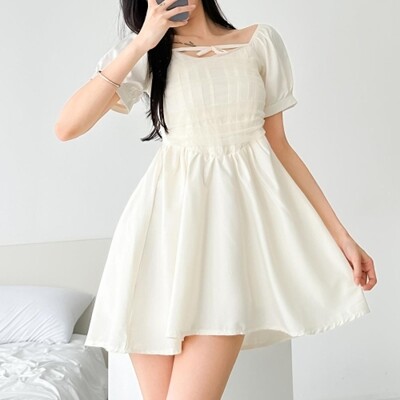 [패션플러스][신상오픈런]|CMO4117|셸레이 미니 화이트 A라인 볼륨 여성 주름디테일 원피스 시스루_18170056_597559(597559_18170056_597559)