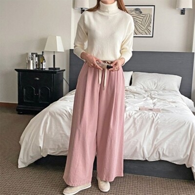 [패션플러스][신상오픈런]|KMP6C9E|이파러 코튼 가을 팬츠 넓은 하이라이즈 밴딩 여성 통_18172048_597559(597559_18172048_597559)