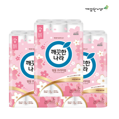 [패션플러스][깨끗한나라][깨끗한나라] 3겹 벚꽃 프리미엄 28m 30롤 x 3팩(661524_3458127)