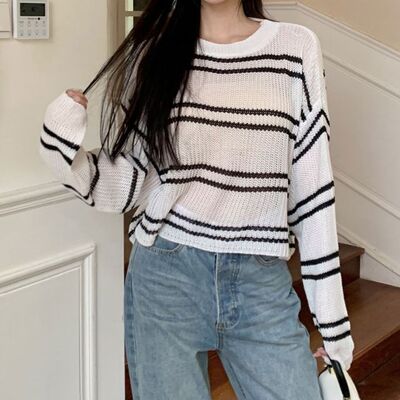 [패션플러스][모노무드]LMO 릴랙스핏 세로줄 쉬어소재뜨개탑 2톤 트렌디(668313_WFJ8VGY)