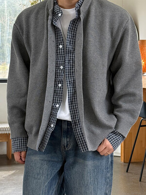 [패션플러스][이룰]체크 레이어드 오버핏 버튼 헨리넥 니트 가디건 2colors(671875_5016564960)