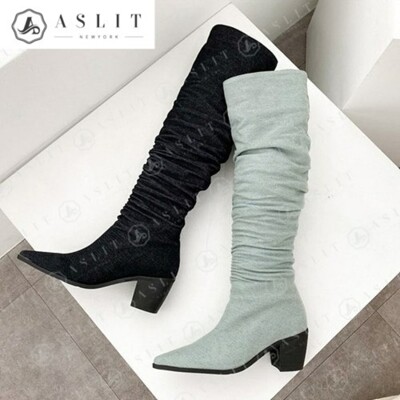 [패션플러스][애슬릿][애슬릿] 패브릭 스틸레토 미들 힐 굽 삭스 롱 부츠(672958_798170)